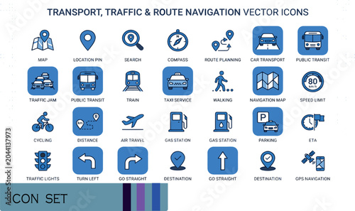 Tableau sur toile Print Transport Traffic and Route Navigation Vector Icons - Professional Blue an