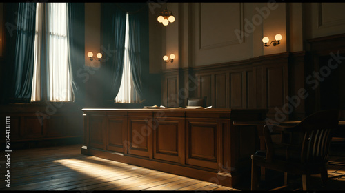 Courtroom justice wooden desk sunlight through window classic interior law room