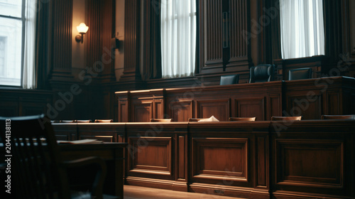 Empty courtroom with wooden furniture and soft light creating calm atmosphere of justice and court proceedings