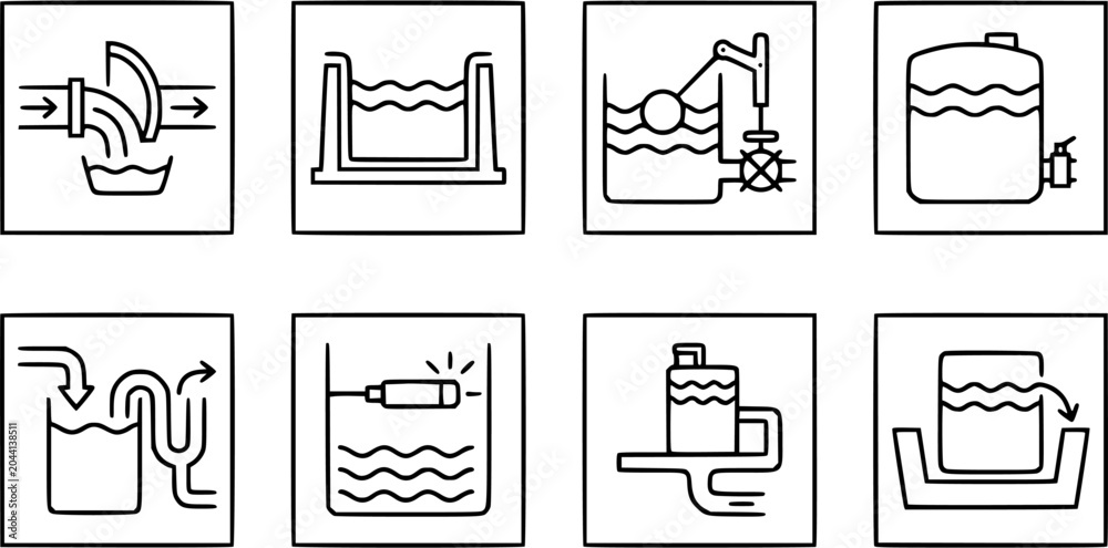 Fototapeta premium Water level control, flow, tank, and pump icons set, black and white line art