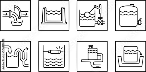 Tableau sur toile Water level control, flow, tank, and pump icons set, black and white line art
