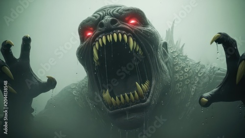 Terrifying monstrous creature with glowing red eyes emerging from a misty abyss ready to attack