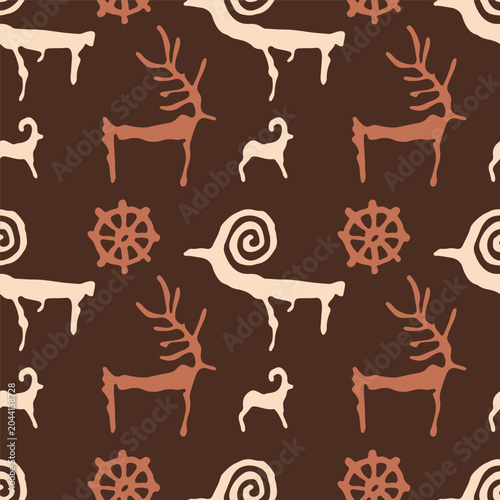 Saimaluu Tash petroglyph seamless pattern with ancient Kyrgyz cave art drawings of deer and ram for tribal fabric or ethnic backdrop