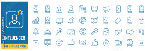 Cuadro en lienzo Set of social media influencer line icons with editable stroke for digital marke