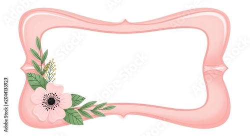 Pink floral frame with white anemone flower and green leaves