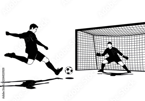 Soccer player kicking ball and goalkeeper diving for save