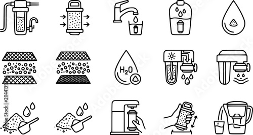 Photography Water Filtration and Purification Line Art Icons Set