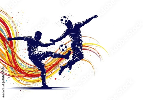 Two soccer players competing for ball in midair