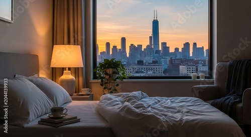 Cozy hotel room city skyline view.