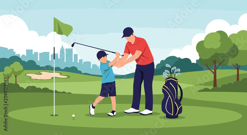 Father teaching his young son how to swing a golf club on a green golf course with a city skyline and trees in the background.