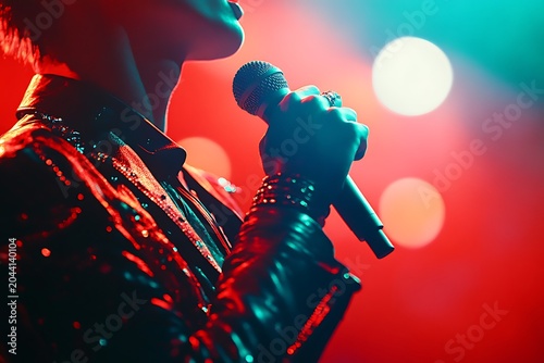 Close-up of singer performing on stage with microphone