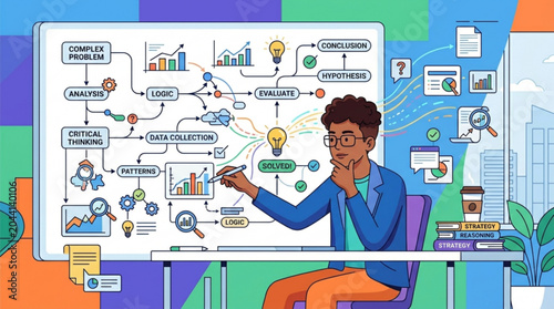 Cuadro en lienzo Person solving complex problem on flowchart whiteboard in office