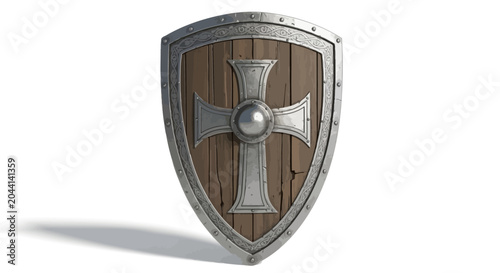 Medieval wooden shield with silver cross isolated on white