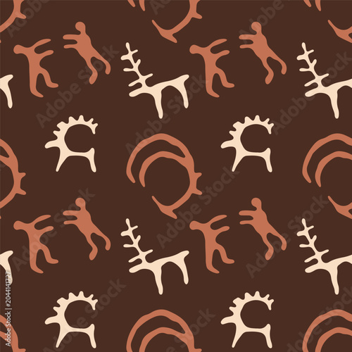 Saimaluu Tash ancient petroglyph seamless pattern, Kyrgyz cave art drawings of human hunter and deer on brown background for ethnic fabric