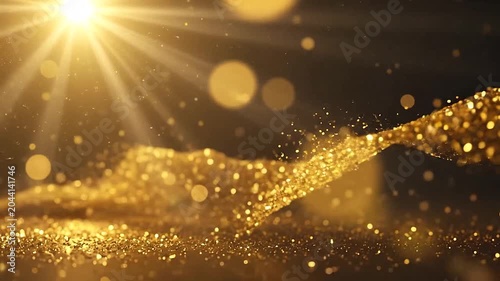 Abstract golden particles flowing in a dark glowing background