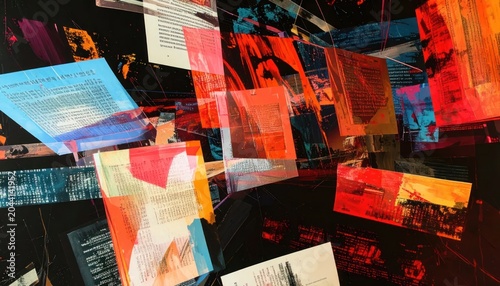 Abstract collage of digital documents and data screens.