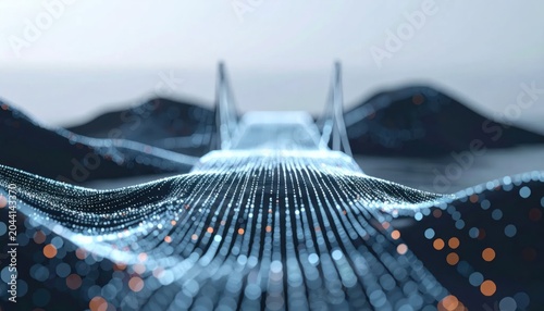 Abstract digital bridge made of blue glowing particle waves.