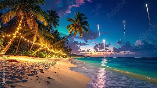 Bright fireworks illuminate the night sky over a tropical beach