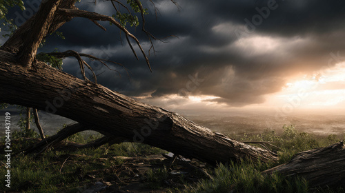 A fallen tree lies in a field under a stormy sky, with dramatic clouds and a sliver of sunlight breaking through