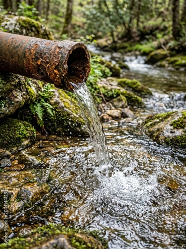 Fresh water pouring from old rusty metal pipe into rocky forest stream