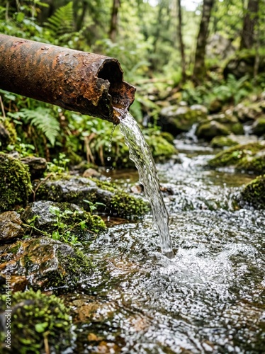 Rusty metal pipe discharging water into forest stream surrounded by moss and rocks. Water pollution, freshwater resources and ecosystem conservation concept. 