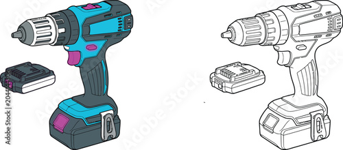 Fotografija Cordless power drill with battery pack vector illustration in color and line art