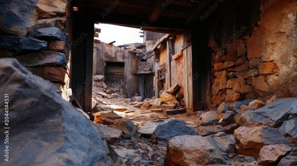 Fototapeta premium Ruins of an ancient stone village, with crumbling walls and a worn pathway leading into the darkness. The scene evokes a sense of history and abandonment
