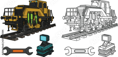 Foto Yellow construction train on railway tracks with tools and control panel vector