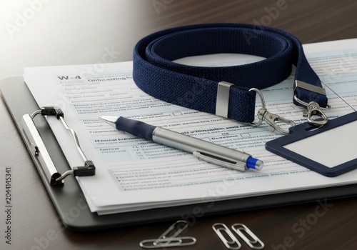 Employee Onboarding Documents with W-4 Tax Form, Pen, and ID Badge Lanyard on Clipboard for New Hire Process