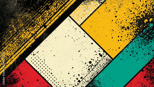 Abstract geometric pattern with rectangles and splattered textures in yellow, red, teal, cream, and black. Rough, distressed look with grunge elements and diagonal lines.
