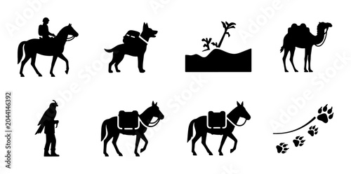 Konstfotografi Desert Caravan Icons: Camel, Horse Rider, Dog, Donkey, and Paw Prints Vector Set