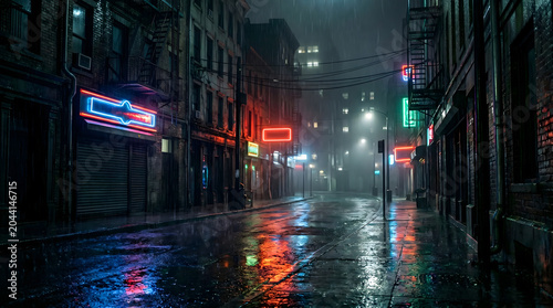 Dark Wet Cyberpunk City Street at Night with Glowing Red and Green Neon Sign Reflections