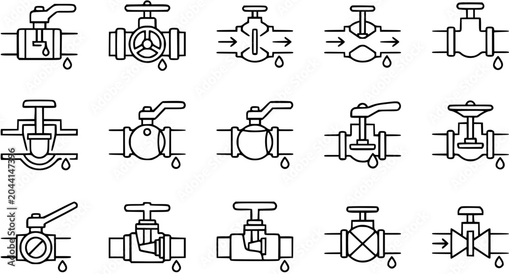 Fototapeta premium Plumbing Valves Outline Icons Set. Black White Line Art Glyph Collection for Water System Maintenance, Leak Repair, and Industrial Flow Control.