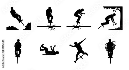 Foto Pogo Stick Action Silhouettes, Extreme Sports and Recreation Vector Icons, Dynam