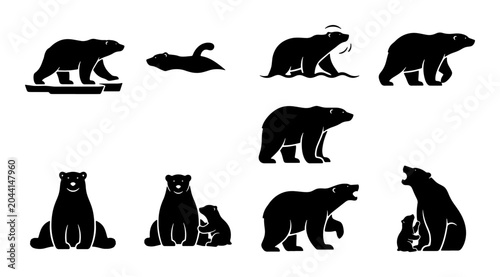 Bild auf Leinwand Polar Bear Silhouettes Collection, Arctic Wildlife Icons, Cute Cub Poses, Ursus