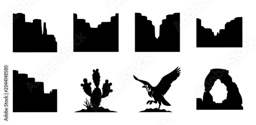 Bild auf Leinwand Desert Landscape Silhouettes: Canyon, Cactus, Eagle, Natural Arch, Rocky Outcrop
