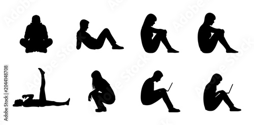 Schilderij op canvas Silhouette Poses Collection: Sitting, Relaxing, Working with Laptop, Diverse Hum