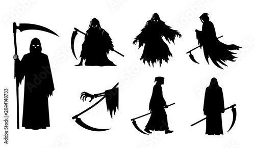 Photography Grim Reaper Silhouettes Collection, Death Symbol Icons, Halloween Scary Figures,