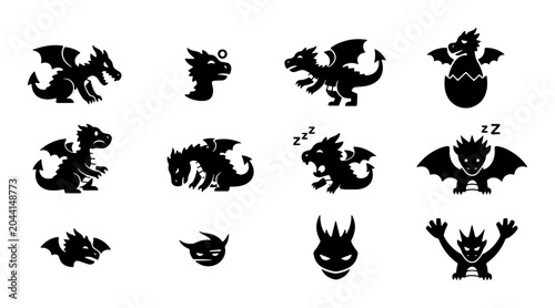 Fotografie Mythical Dragon Icons Set, Fantasy Creature Silhouettes, Magical Beast Vector Gr