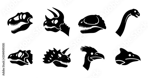 Foto Dinosaur Skulls Vector Icons Set, Prehistoric Animal Head Silhouettes, Fossil Re