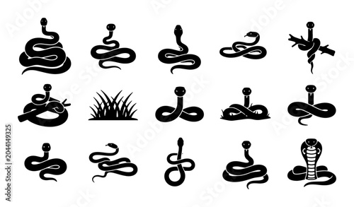 Foto Serpentine Silhouettes: 15 Black Snake Icons, Reptile Vector Graphics, Cobra & G