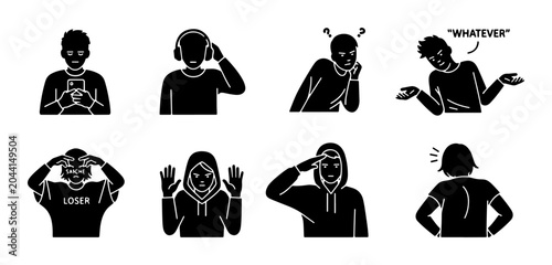 Photos Set of 8 Silhouette Icons: Teenager Emotions and Actions, Social Media, Music, B