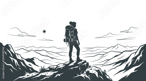 Bild auf Leinwand A lone hiker standing on a mountain peak with a backpack.