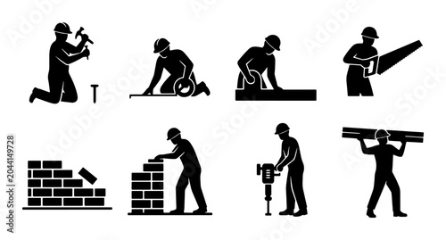 Photos Construction Worker Icons Set, Building Industry Silhouettes, Manual Laborer Act