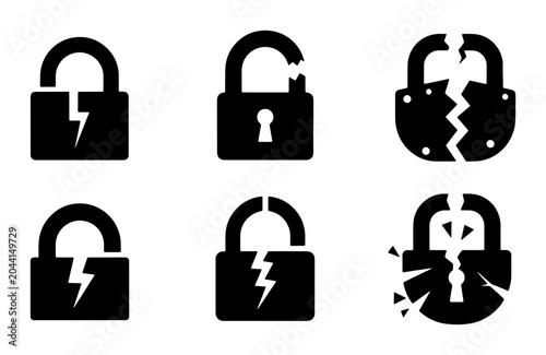 Photos Set of 6 Broken Padlock Icons, Security Breach Symbols, Unlock and Access Denied