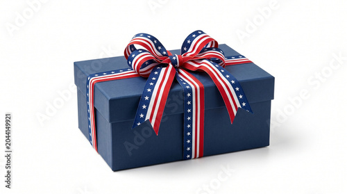 Patriotic American flag themed blue gift box isolated on white background