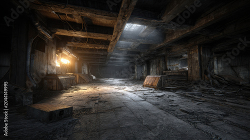 An eerie, abandoned underground tunnel with crumbling concrete walls, rusted metal, and faint lighting creating a sense of decay and neglect