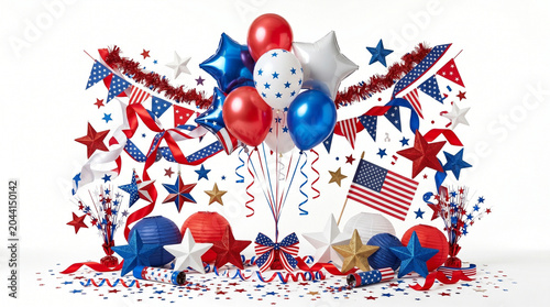 A festive studio arrangement of American themed party supplies featuring red, white, and blue balloons, star ornaments, US flags, paper lanterns, and confetti, isolated on a clean white background.
