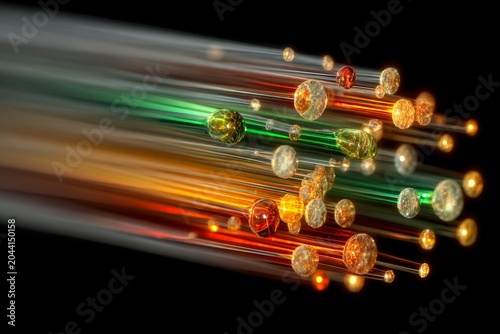 Abstract flowing light trails of orange, gold, and green streaks create a dynamic sense of motion and energy against a dark background.