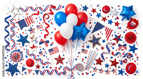 Patriotic 4th of July party decorations flat lay background
